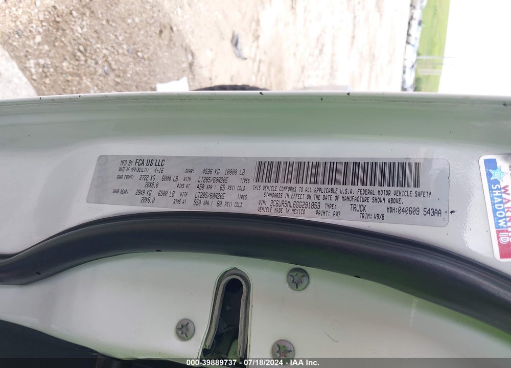 2016 RAM 2500 SLT VIN: 3C6UR5ML6GG291853