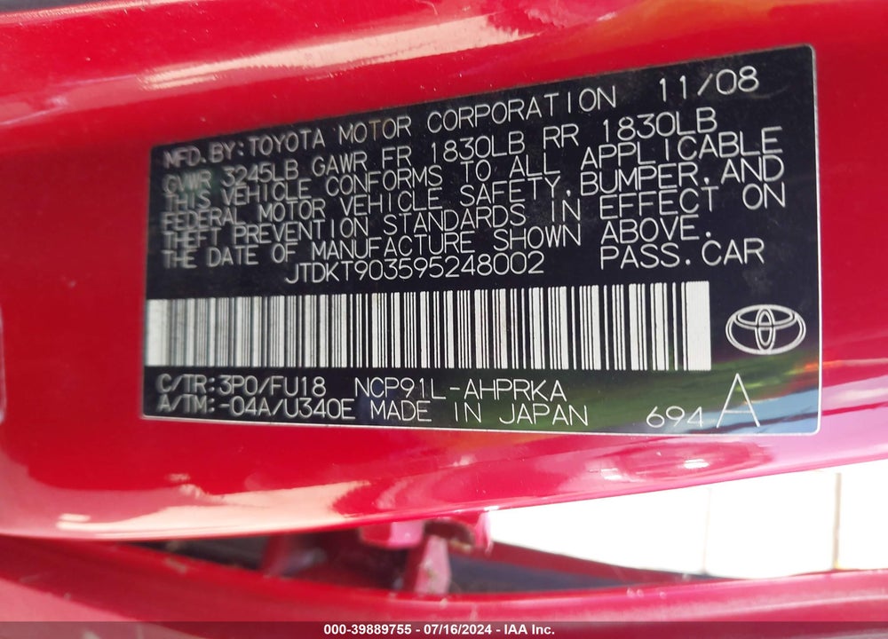 2009 TOYOTA YARIS VIN: JTDKT903595248002