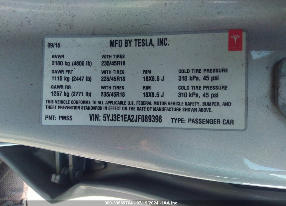 2018 TESLA MODEL 3 LONG RANGE/MID RANGE VIN: 5YJ3E1EA2JF089398