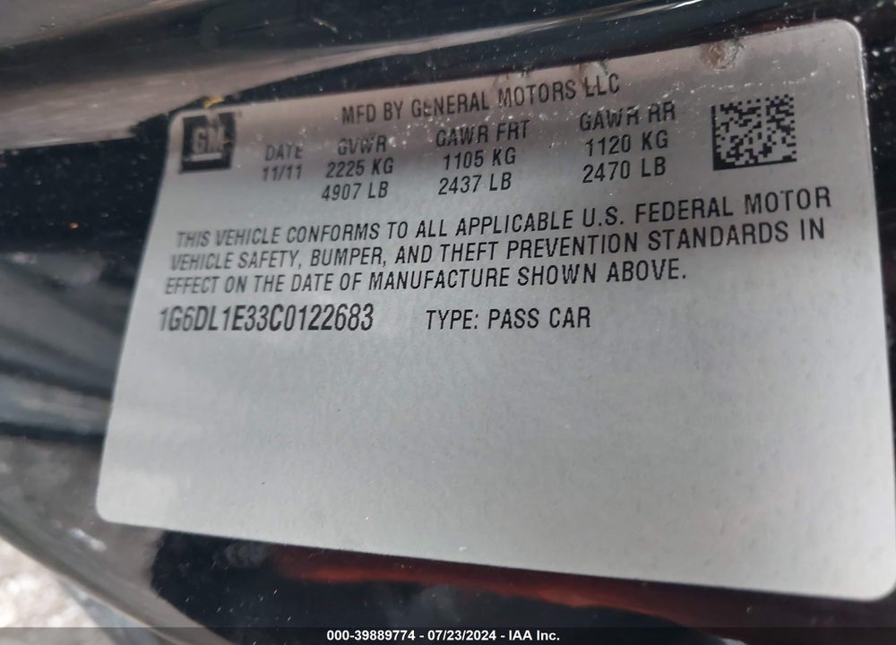 2012 CADILLAC CTS PERFORMANCE VIN: 1G6DL1E33C0122683