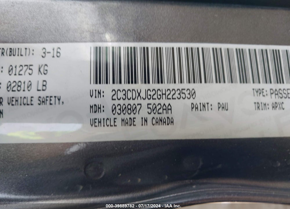 2016 DODGE CHARGER SXT VIN: 2C3CDXJG2GH223530