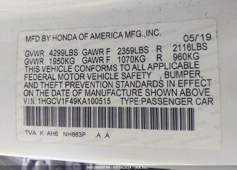 2019 HONDA ACCORD EX VIN: 1HGCV1F49KA100515