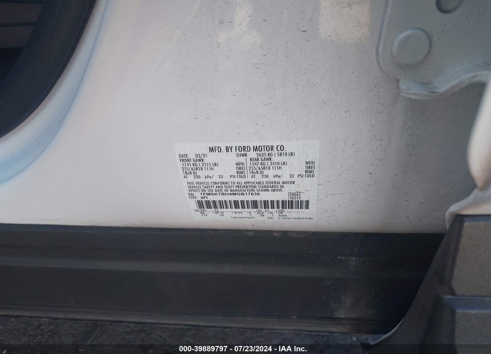 2021 FORD EXPLORER VIN: 1FMSK7BH4MGB17636