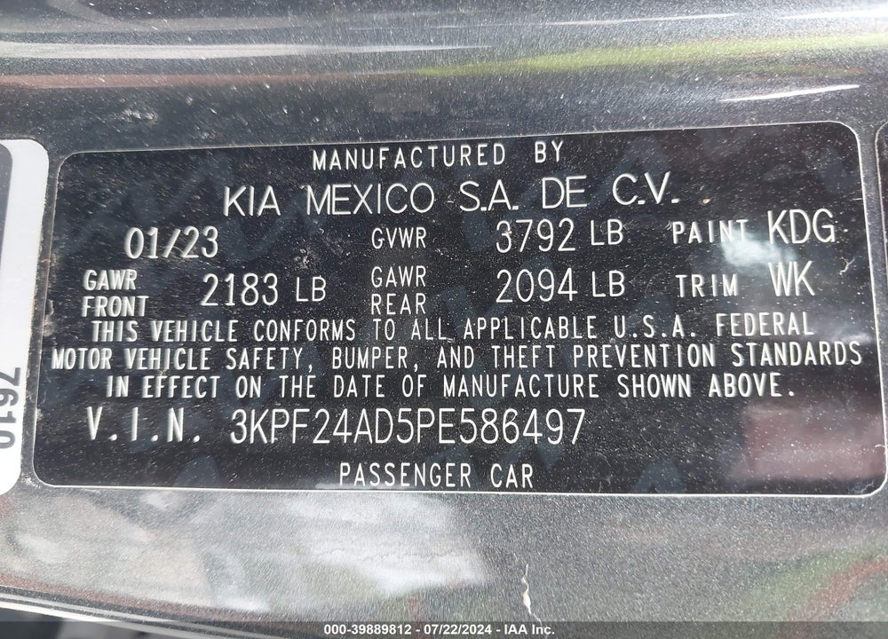 2023 KIA FORTE LXS VIN: 3KPF24AD5PE586497