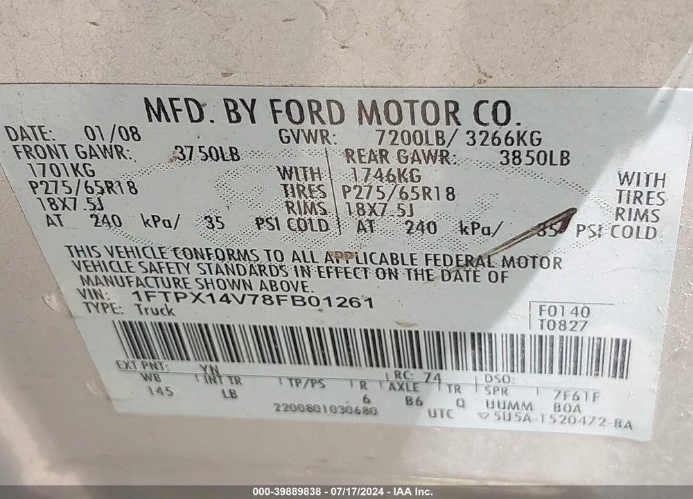 2008 FORD F-150 FX4/LARIAT/XL/XLT VIN: 1FTPX14V78FB01261