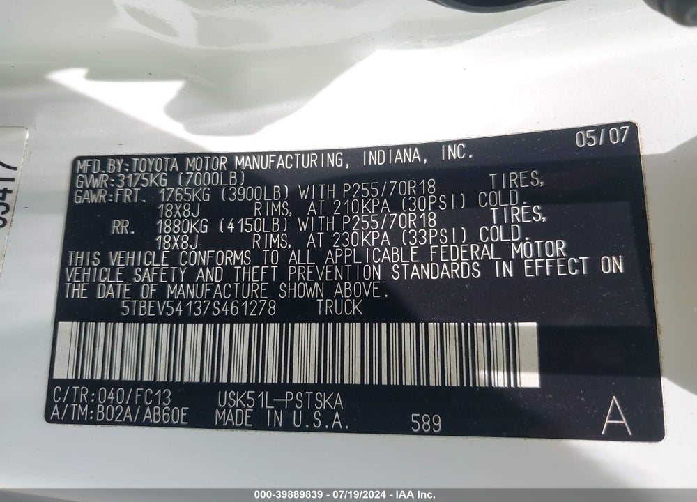 2007 TOYOTA TUNDRA SR5 5.7L V8 VIN: 5TBEV54137S461278