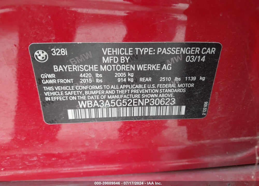 2014 BMW 328I VIN: WBA3A5G52ENP30623