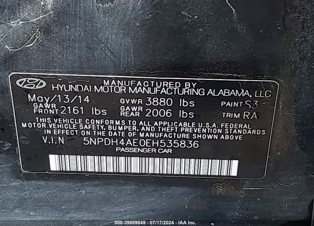 2014 HYUNDAI ELANTRA LIMITED VIN: 5NPDH4AE0EH535836