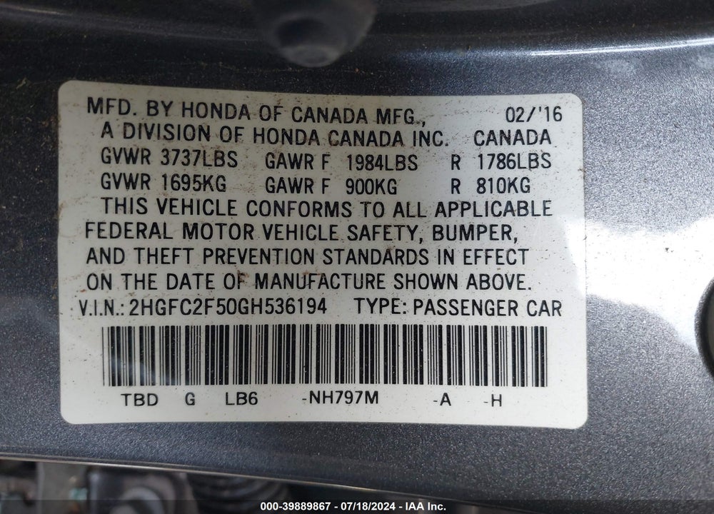 2016 HONDA CIVIC LX VIN: 2HGFC2F50GH536194
