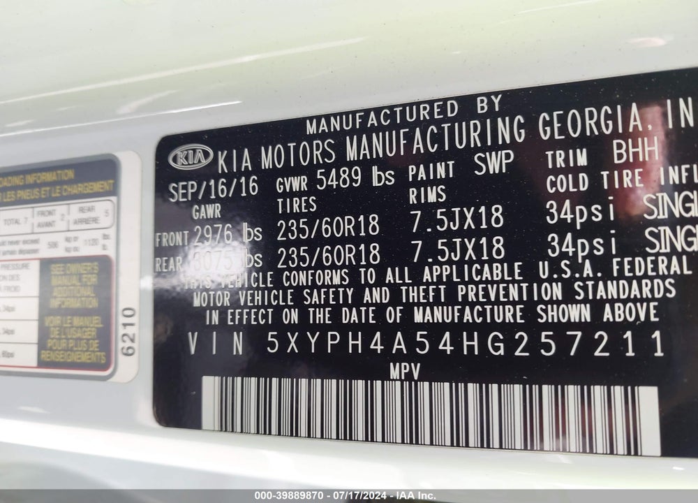 2017 KIA SORENTO 3.3L EX VIN: 5XYPH4A54HG257211