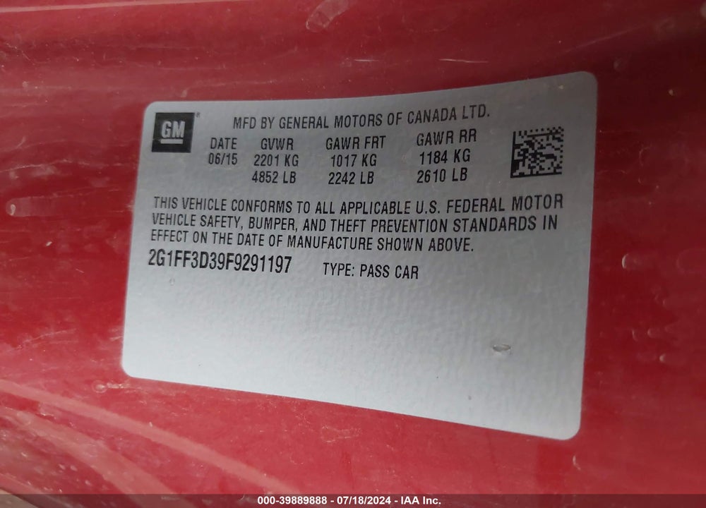 2015 CHEVROLET CAMARO 2LT VIN: 2G1FF3D39F9291197