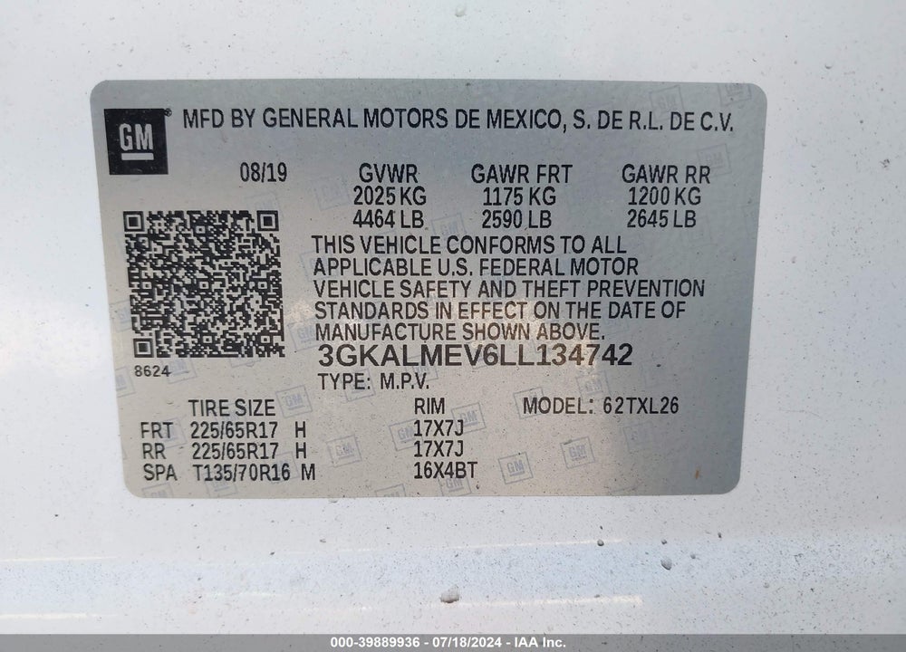2020 GMC TERRAIN FWD SLE VIN: 3GKALMEV6LL134742