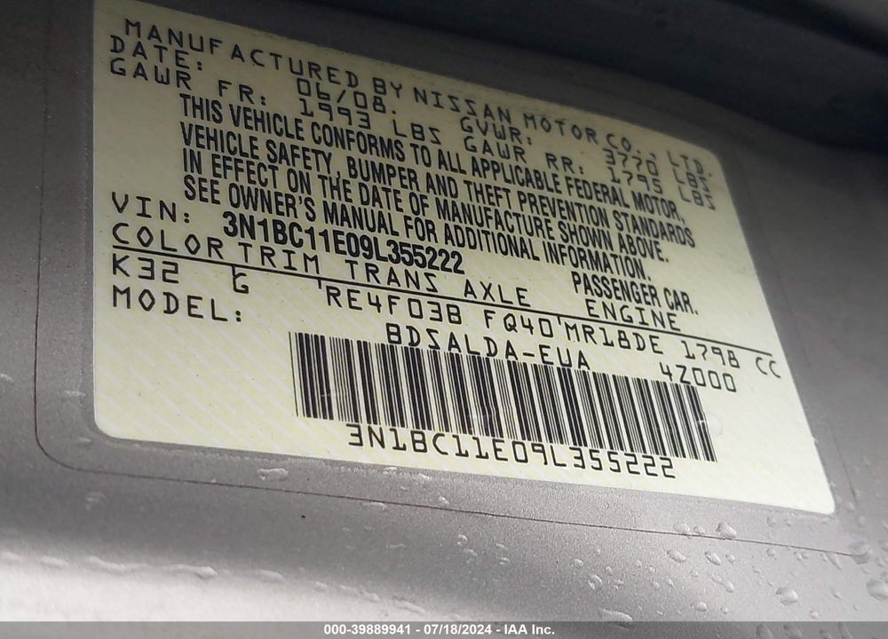 2009 NISSAN VERSA 1.8S VIN: 3N1BC11E09L355222