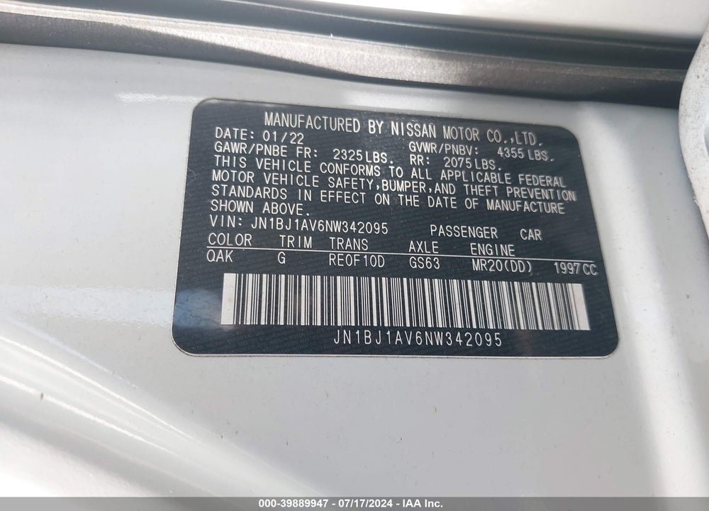 2022 NISSAN ROGUE SPORT S FWD XTRONIC CVT VIN: JN1BJ1AV6NW342095