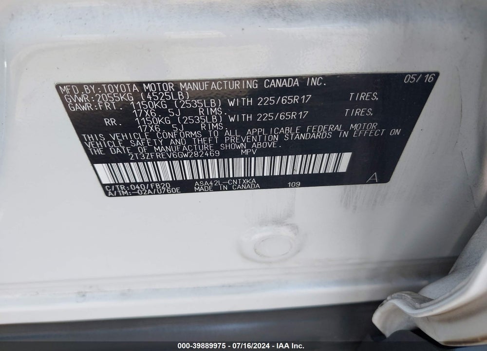2016 TOYOTA RAV4 VIN: 2T3ZFREV6GW282469