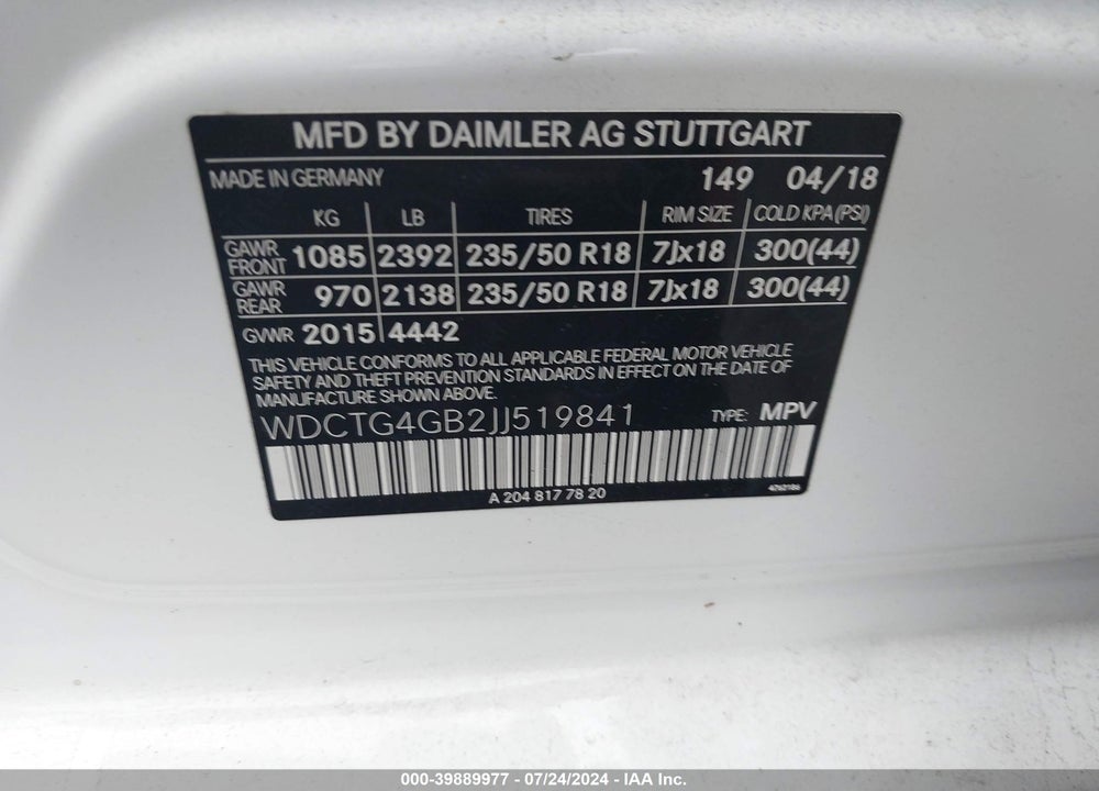 2018 MERCEDES-BENZ GLA 250 4MATIC VIN: WDCTG4GB2JJ519841
