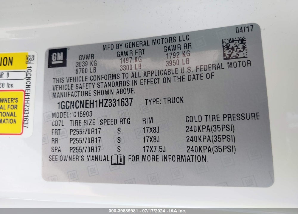 2017 CHEVROLET SILVERADO 1500 WT VIN: 1GCNCNEH1HZ331637