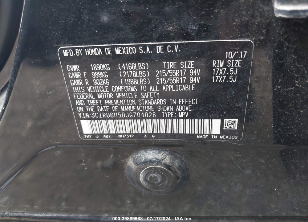 2018 HONDA HR-V EX VIN: 3CZRU6H50JG704026