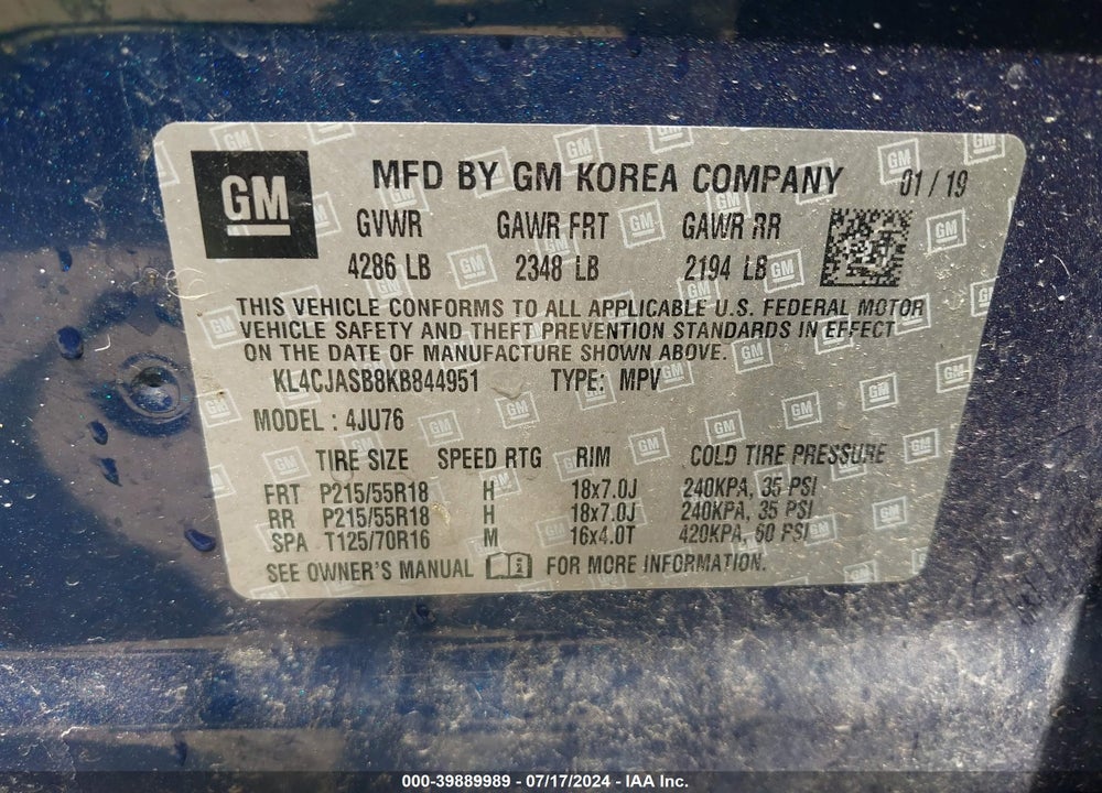 2019 BUICK ENCORE FWD PREFERRED VIN: KL4CJASB8KB844951