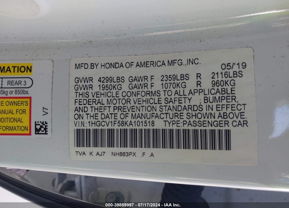 2019 HONDA ACCORD EX-L VIN: 1HGCV1F58KA101518