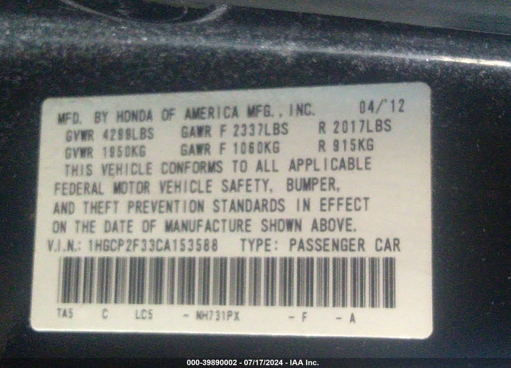 2012 HONDA ACCORD 2.4 LX VIN: 1HGCP2F33CA153588