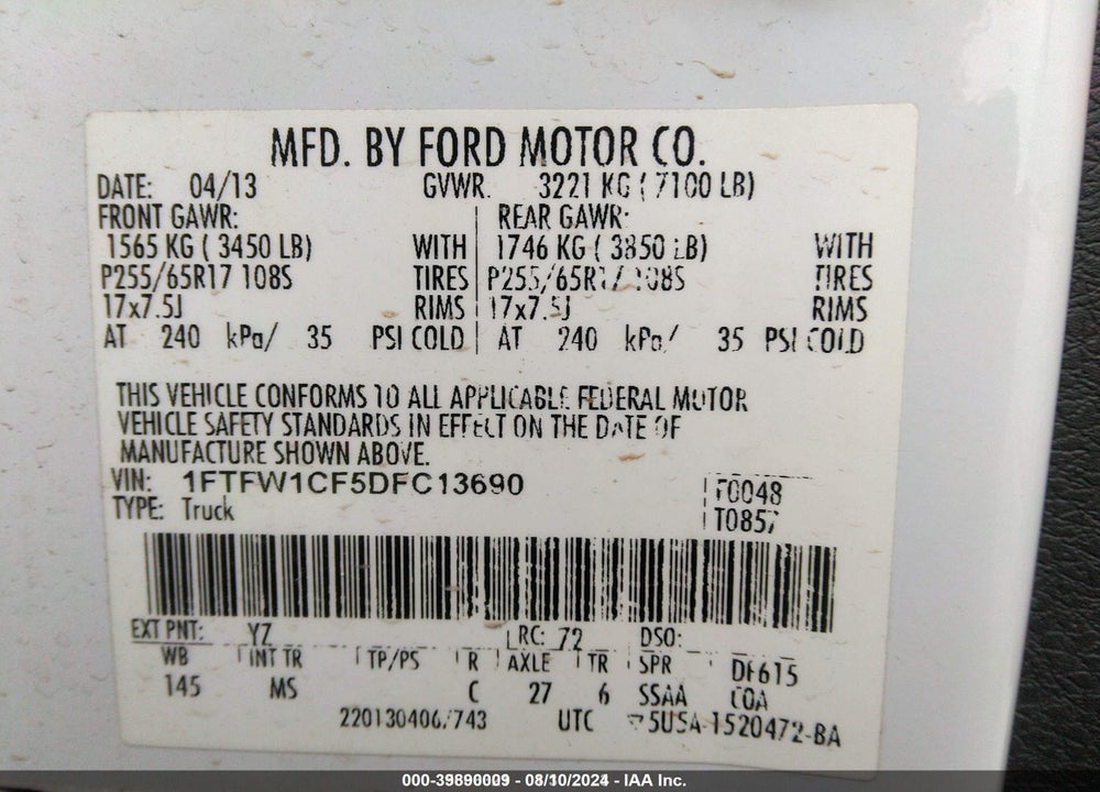 2013 FORD F-150 XLT VIN: 1FTFW1CF5DFC13690
