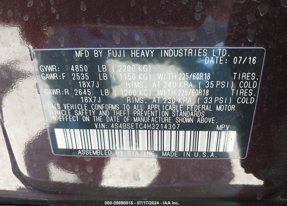 2017 SUBARU OUTBACK 3.6R TOURING VIN: 4S4BSETC4H3214307