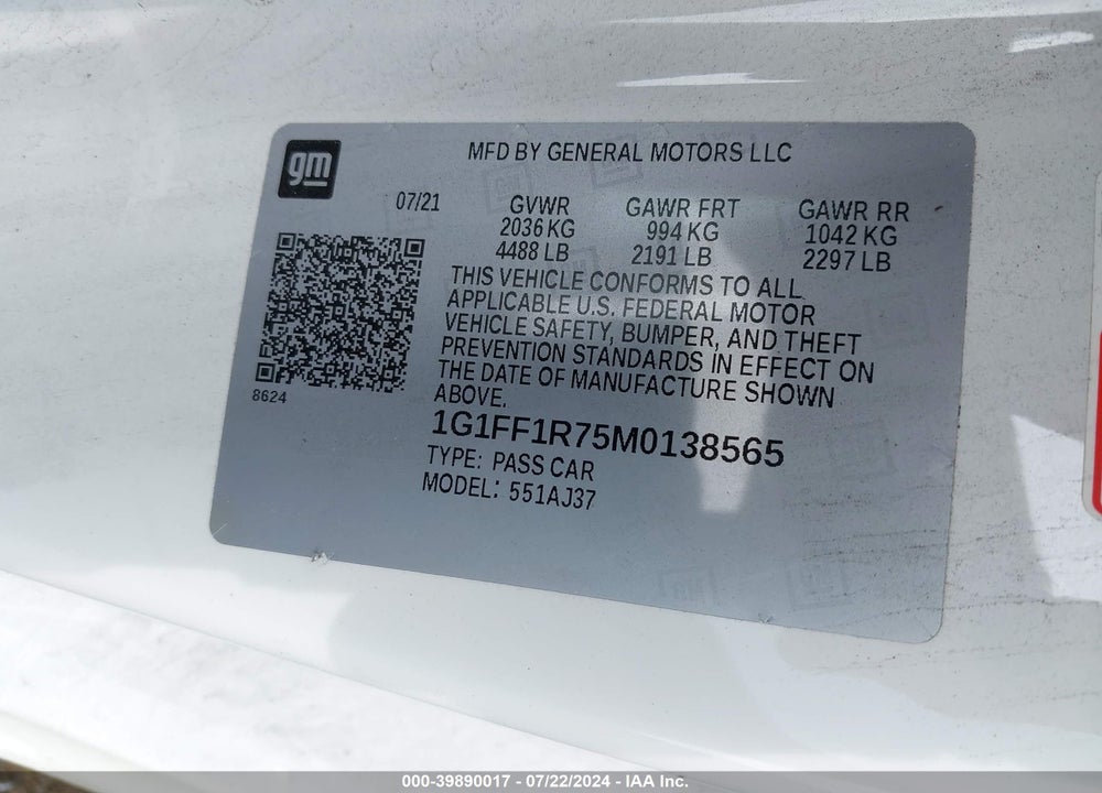 2021 CHEVROLET CAMARO RWD LT1 VIN: 1G1FF1R75M0138565