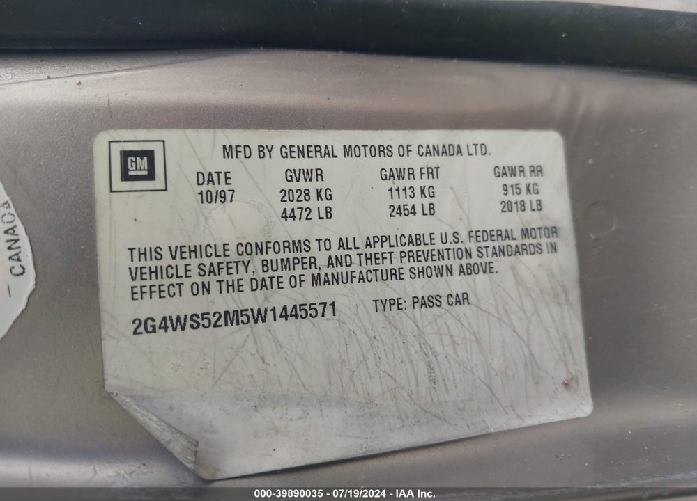 1998 BUICK CENTURY CUSTOM VIN: 2G4WS52M5W1445571