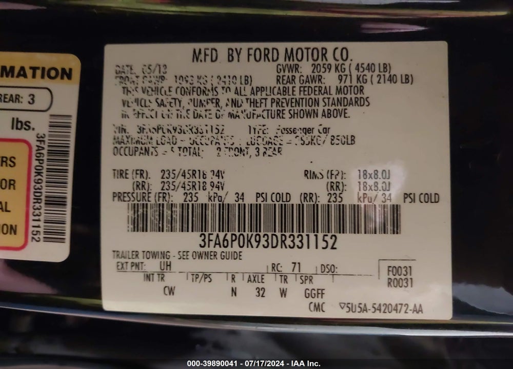 2013 FORD FUSION TITANIUM VIN: 3FA6P0K93DR331152