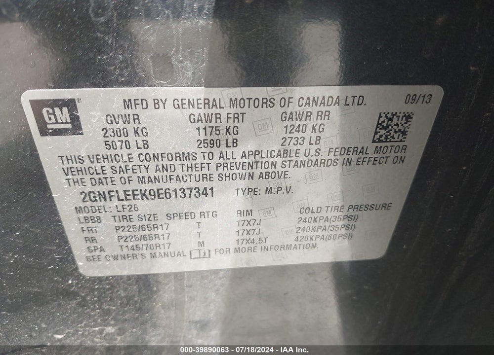 2014 CHEVROLET EQUINOX LS VIN: 2GNFLEEK9E6137341