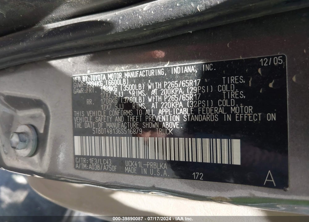 2006 TOYOTA TUNDRA DOUBLE CAB LIMITED VIN: 5TBDT48136S516879