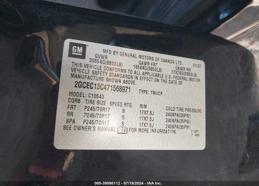 2007 CHEVROLET SILVERADO 1500 LT1 VIN: 2GCEC13C471568971