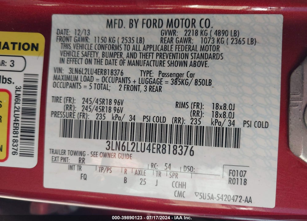 2014 LINCOLN MKZ HYBRID VIN: 3LN6L2LU4ER818376