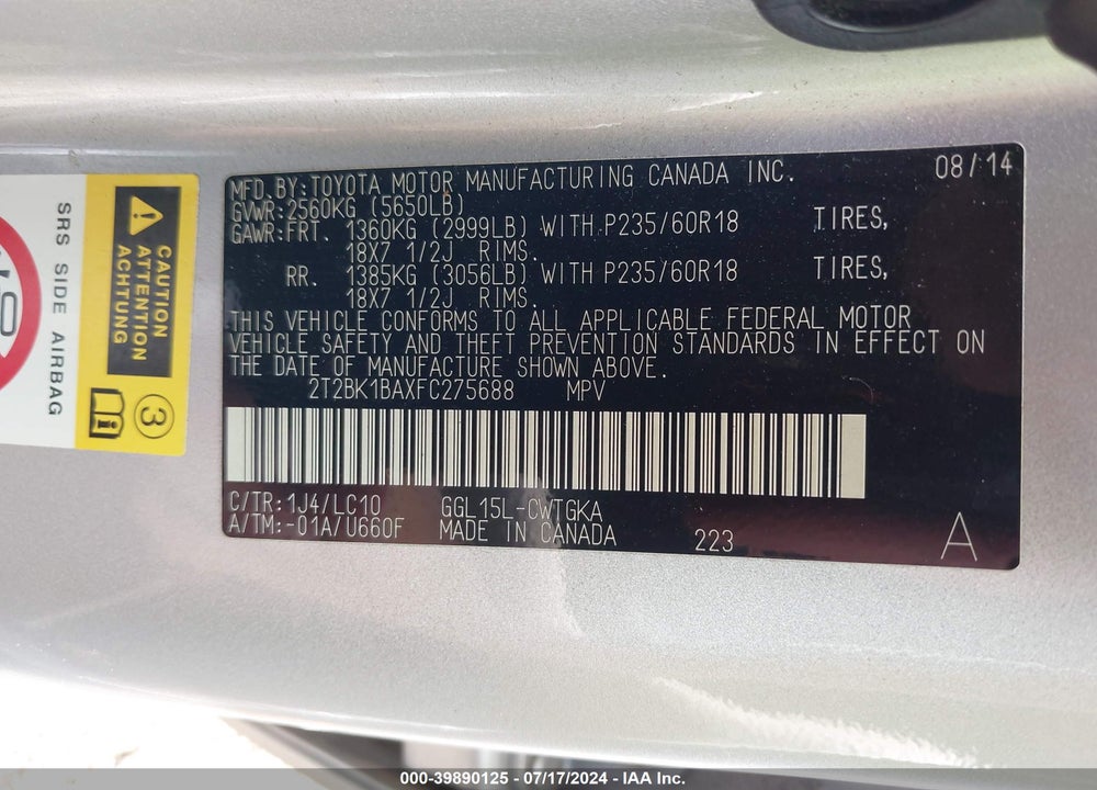 2015 LEXUS RX 350 VIN: 2T2BK1BAXFC275688
