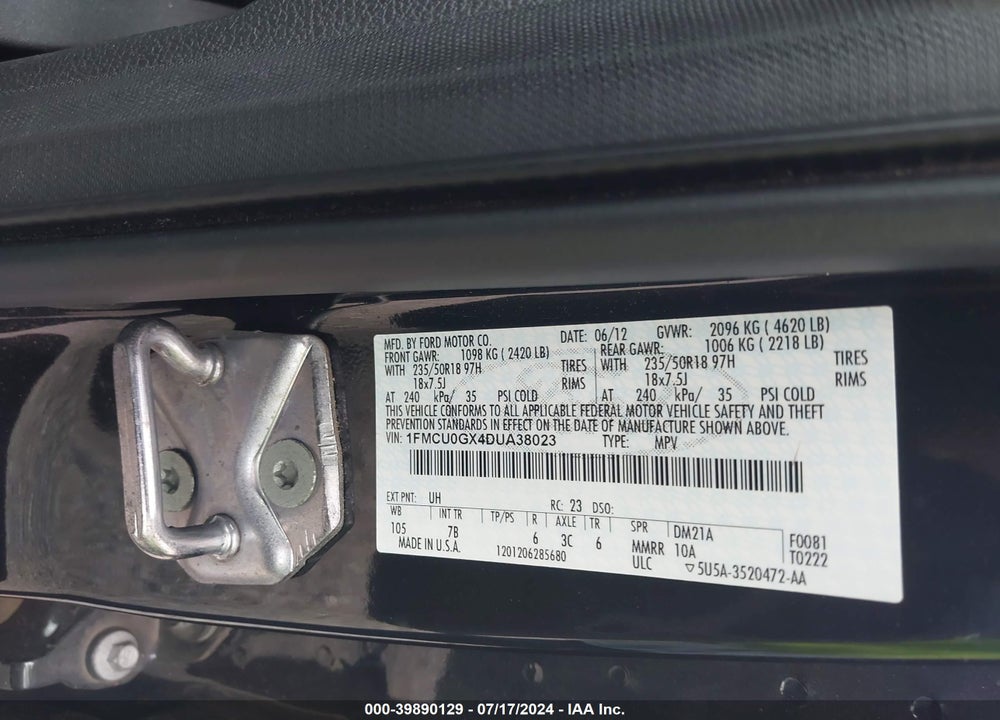 2013 FORD ESCAPE SE VIN: 1FMCU0GX4DUA38023