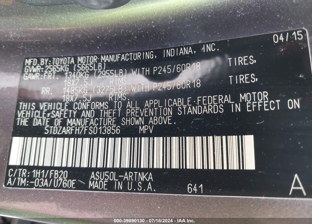 2015 TOYOTA HIGHLANDER LE VIN: 5TDZARFH7FS013856