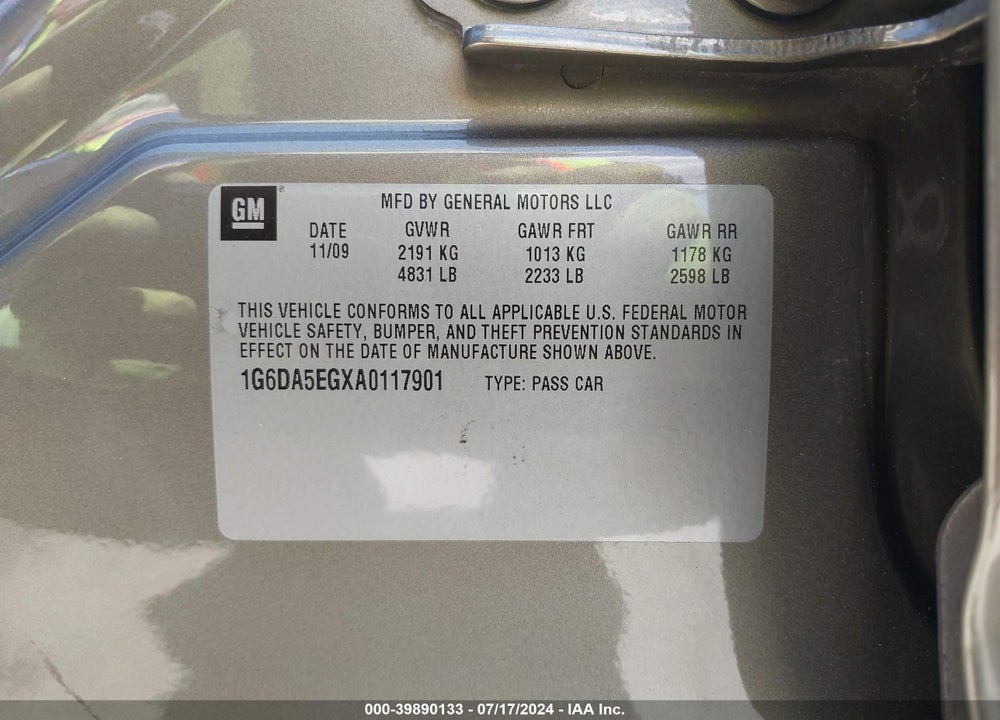 2010 CADILLAC CTS STANDARD VIN: 1G6DA5EGXA0117901
