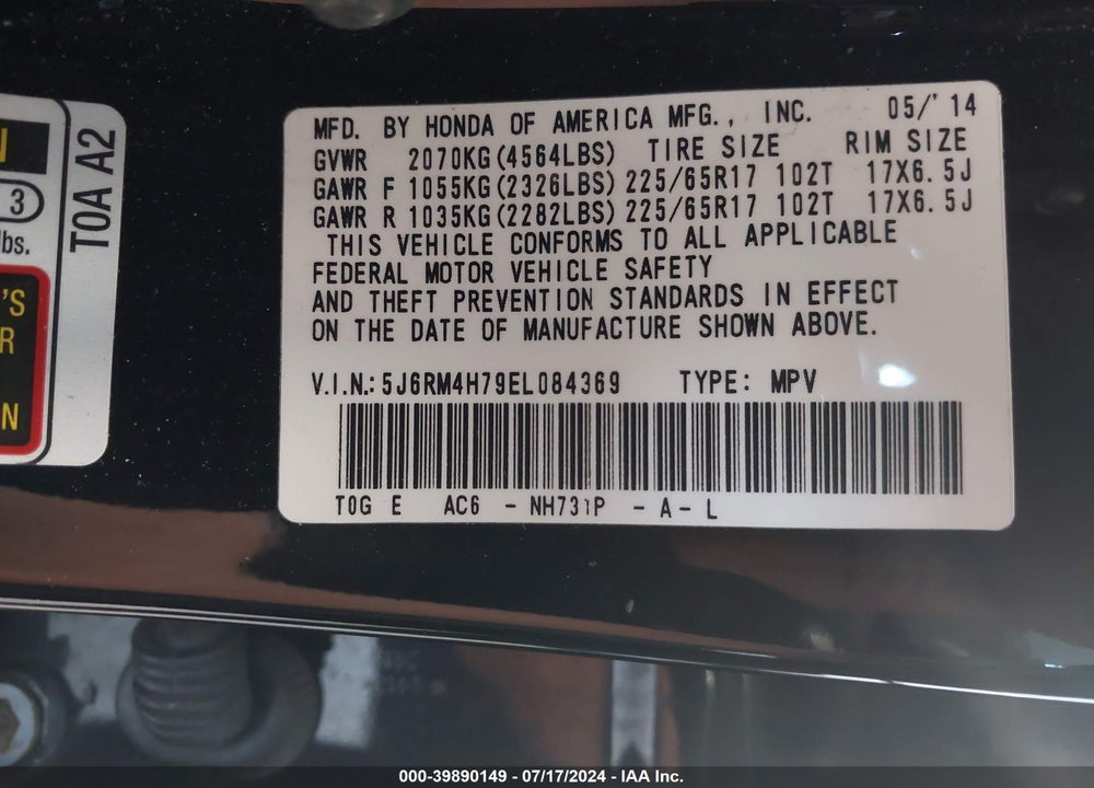 2014 HONDA CR-V EX-L VIN: 5J6RM4H79EL084369
