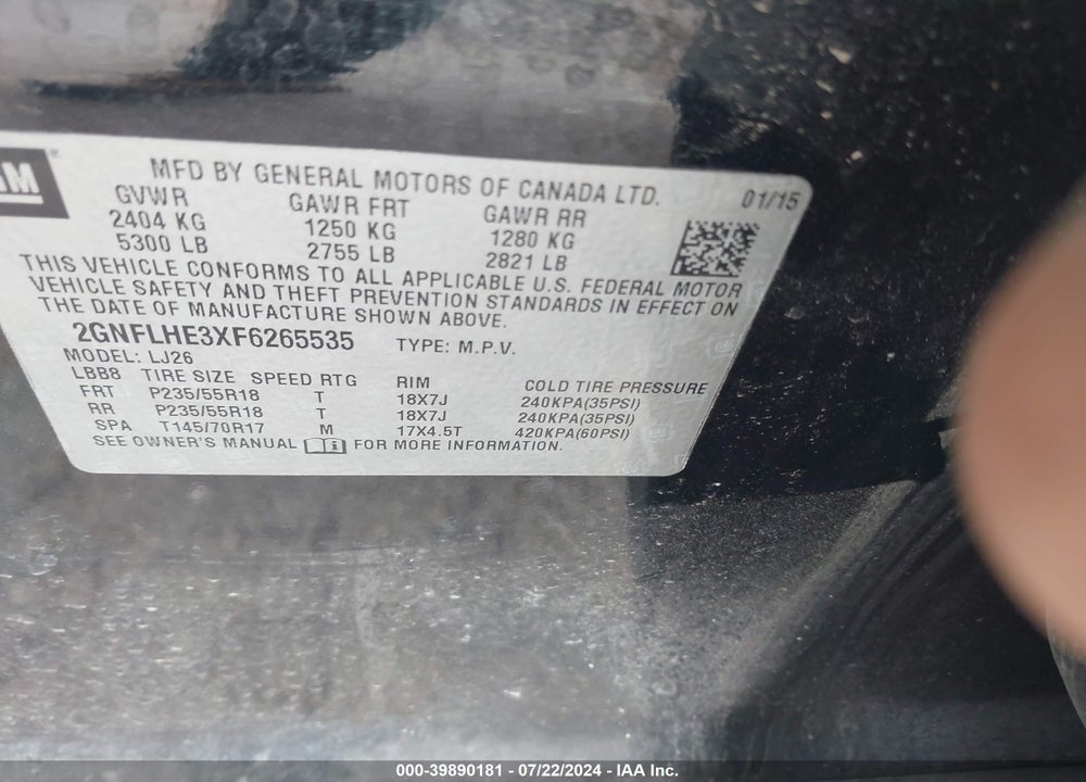 2015 CHEVROLET EQUINOX LTZ VIN: 2GNFLHE3XF6265535