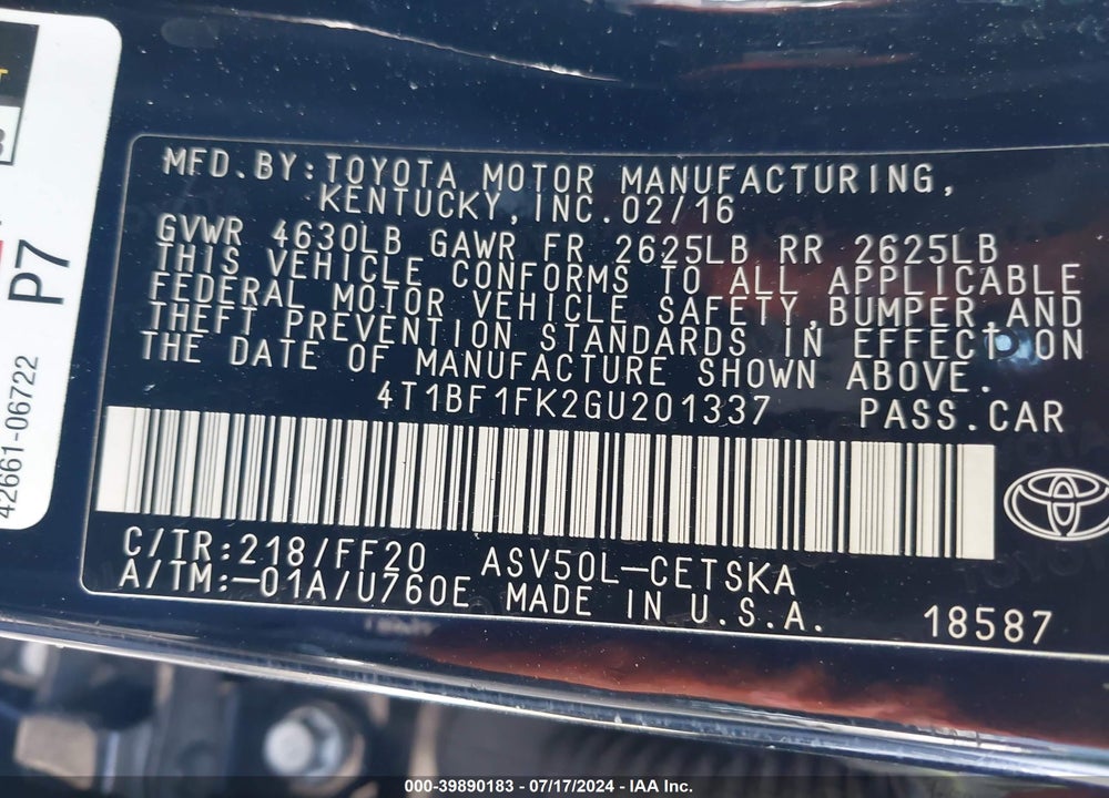 2016 TOYOTA CAMRY SE VIN: 4T1BF1FK2GU201337
