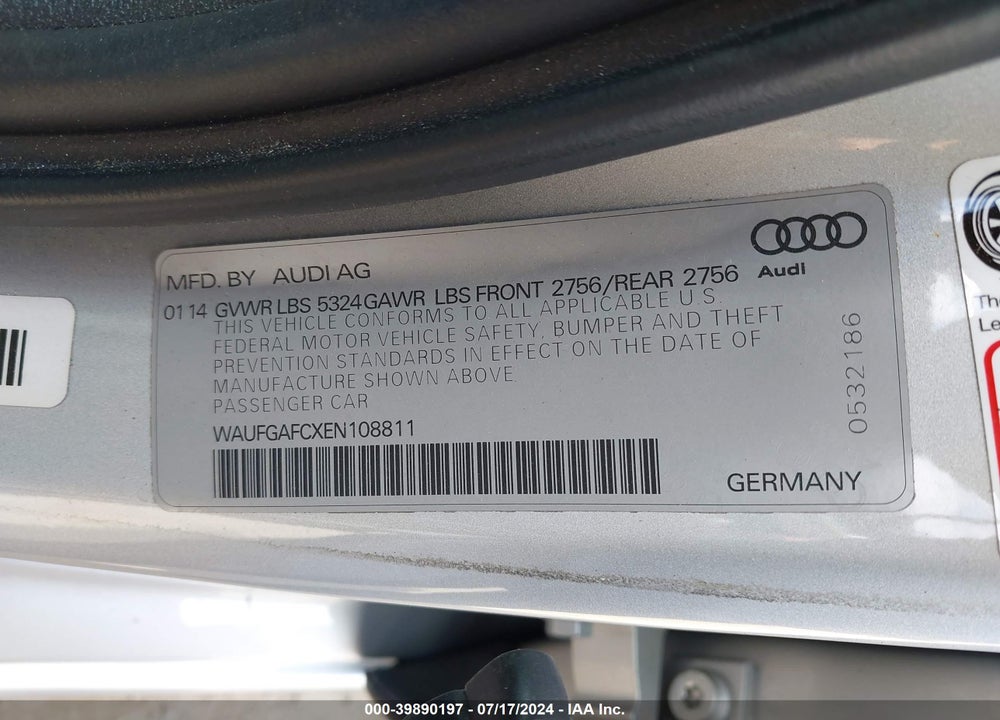 2014 AUDI A6 3.0T PREMIUM PLUS VIN: WAUFGAFCXEN108811