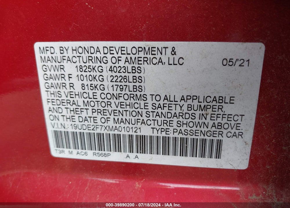 2021 ACURA ILX PREMIUM PACKAGE/TECHNOLOGY PACKAGE VIN: 19UDE2F7XMA010121