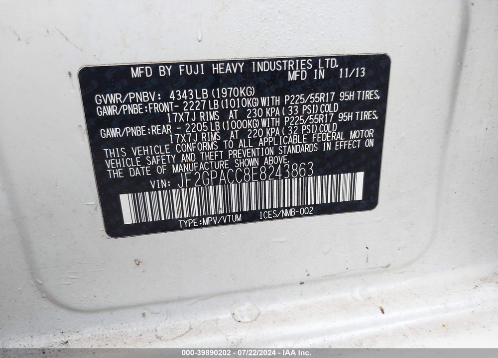 2014 SUBARU XV CROSSTREK 2.0I PREMIUM VIN: JF2GPACC8E8243863