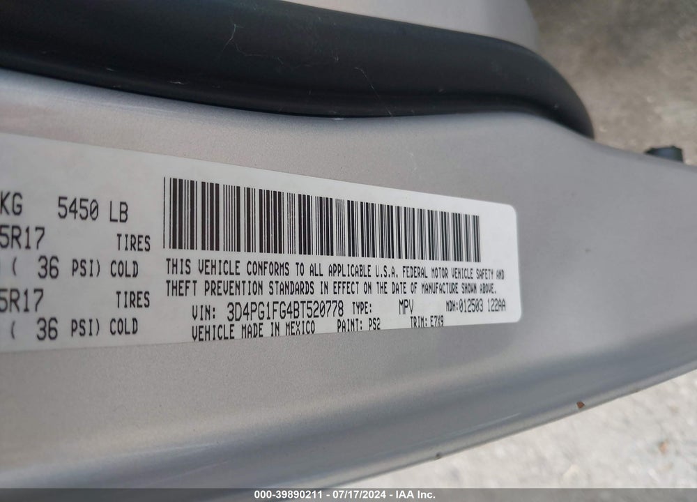 2011 DODGE JOURNEY MAINSTREET VIN: 3D4PG1FG4BT520778