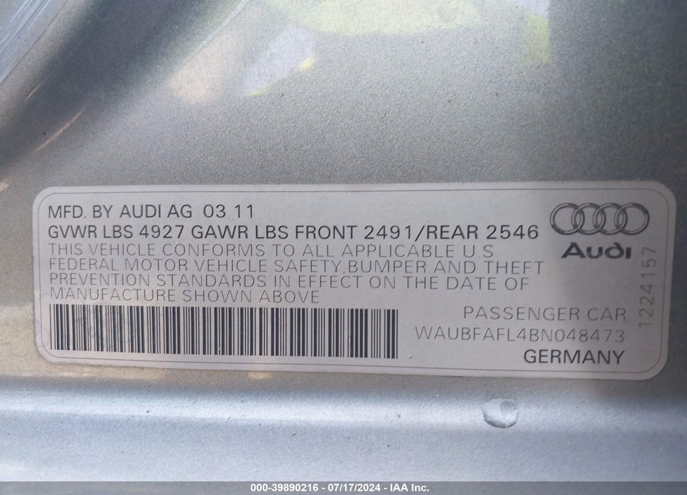 2011 AUDI A4 VIN: WAUBFAFL4BN048473