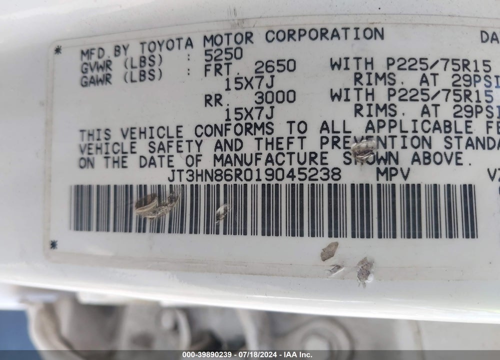 2001 TOYOTA 4RUNNER SR5 V6 VIN: JT3HN86R019045238