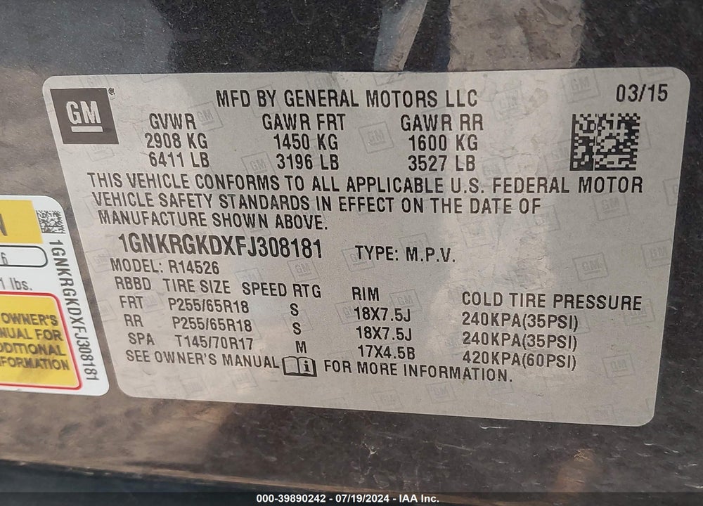 2015 CHEVROLET TRAVERSE VIN: 1GNKRGKDXFJ308181