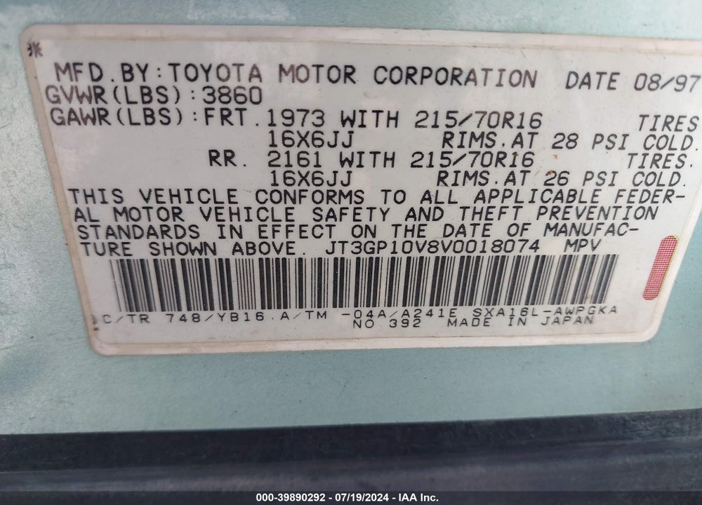 1997 TOYOTA RAV4 VIN: JT3GP10V8V0018074
