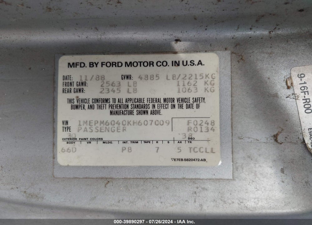 1989 MERCURY COUGAR LS VIN: 1MEPM6040KH607009